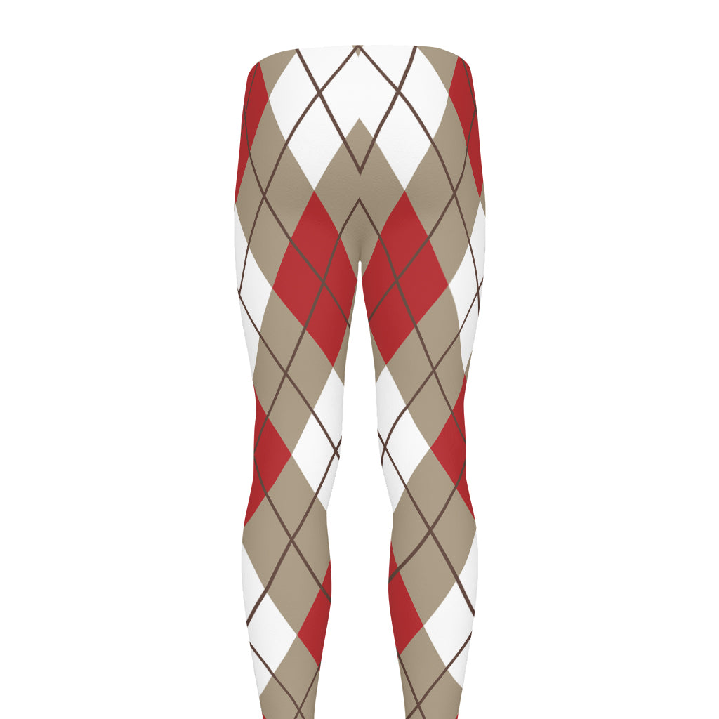 Red White And Beige Argyle Pattern Print Men's leggings