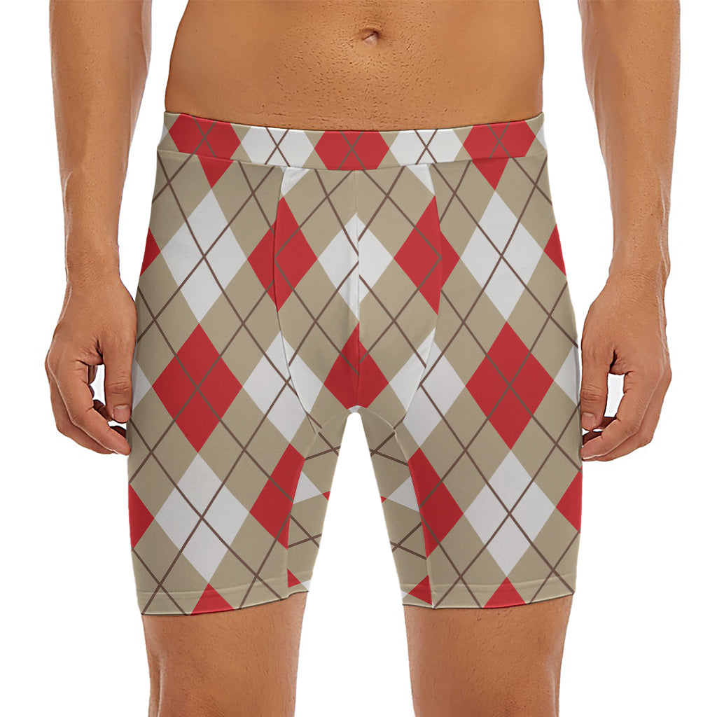 Red White And Beige Argyle Pattern Print Men's Long Boxer Briefs
