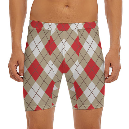 Red White And Beige Argyle Pattern Print Men's Long Boxer Briefs