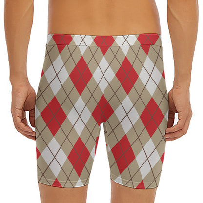 Red White And Beige Argyle Pattern Print Men's Long Boxer Briefs