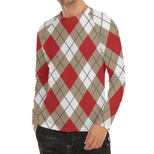 Red White And Beige Argyle Pattern Print Men's Long Sleeve Rash Guard