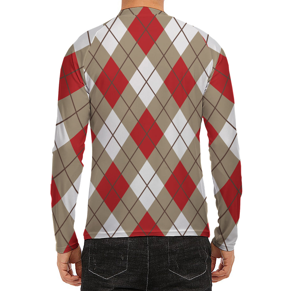 Red White And Beige Argyle Pattern Print Men's Long Sleeve Rash Guard
