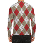 Red White And Beige Argyle Pattern Print Men's Long Sleeve Rash Guard