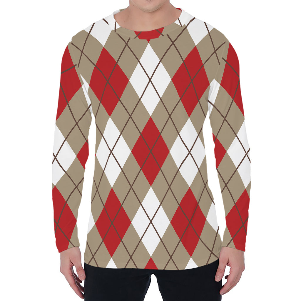 Red White And Beige Argyle Pattern Print Men's Long Sleeve T-Shirt
