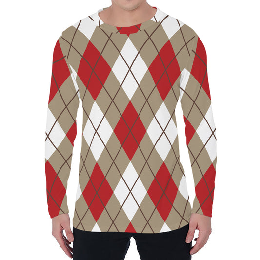 Red White And Beige Argyle Pattern Print Men's Long Sleeve T-Shirt