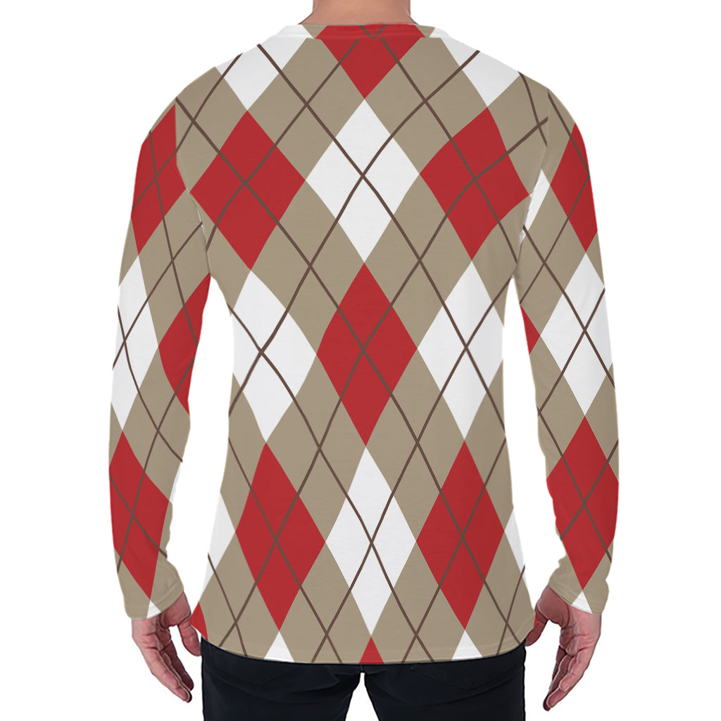 Red White And Beige Argyle Pattern Print Men's Long Sleeve T-Shirt
