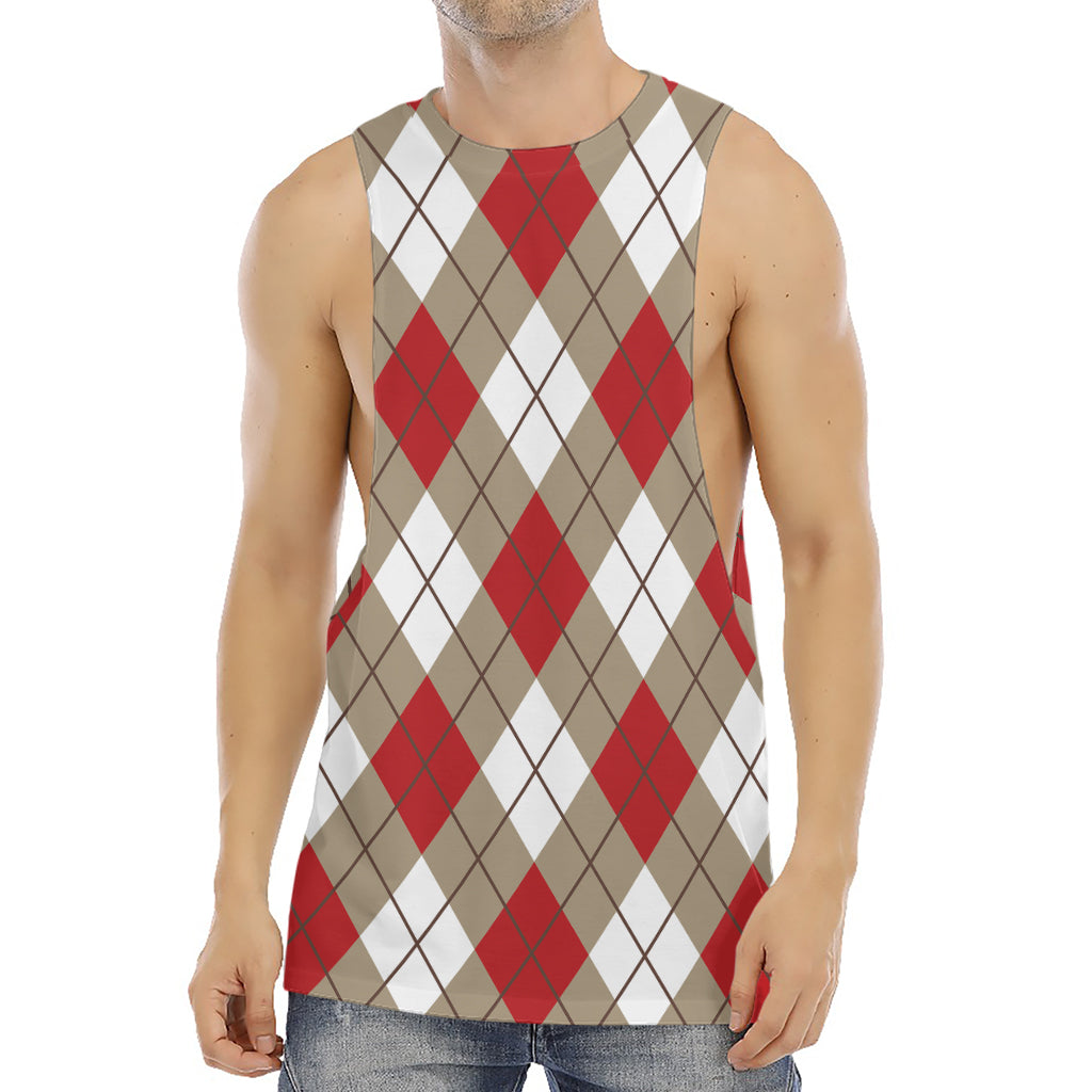Red White And Beige Argyle Pattern Print Men's Muscle Tank Top