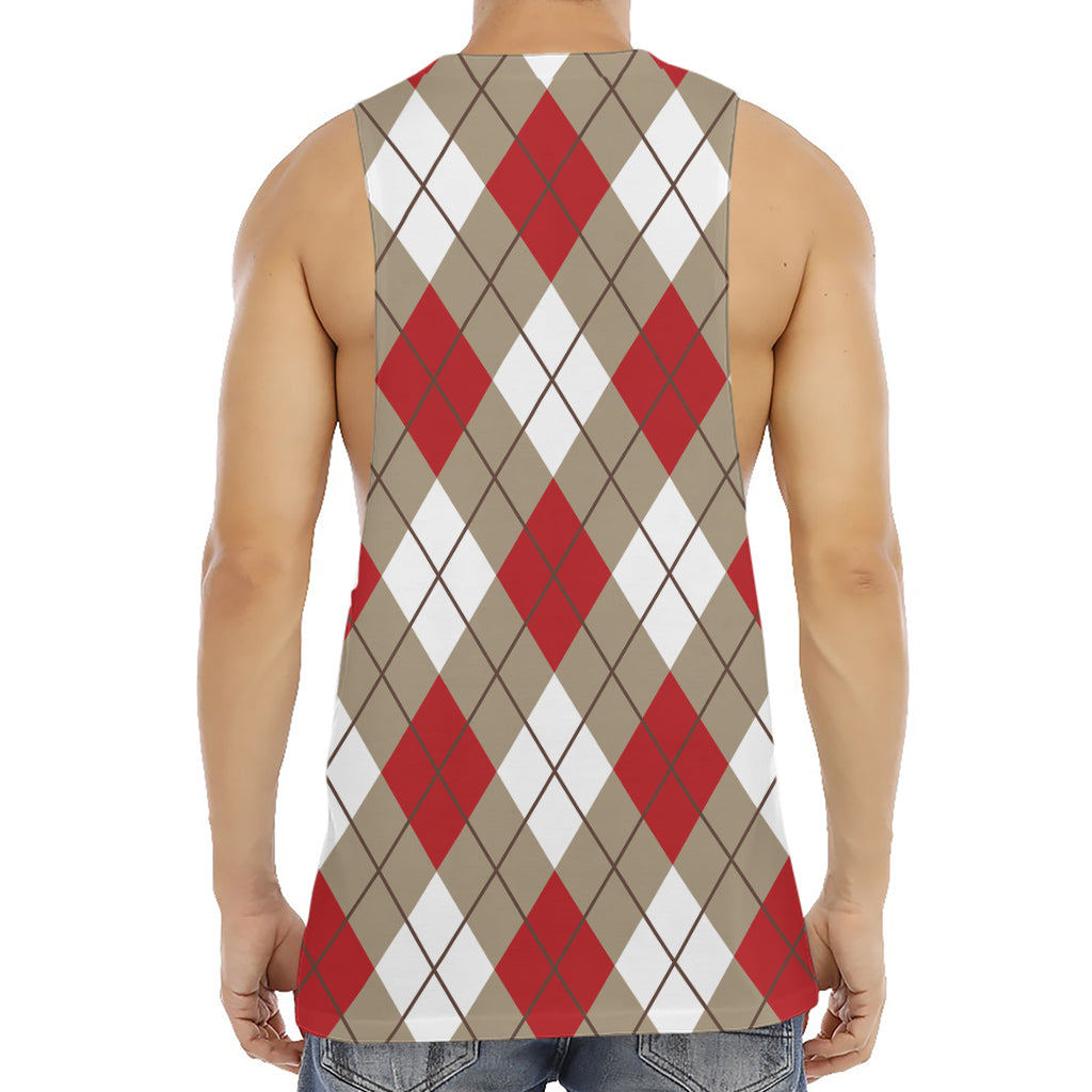 Red White And Beige Argyle Pattern Print Men's Muscle Tank Top