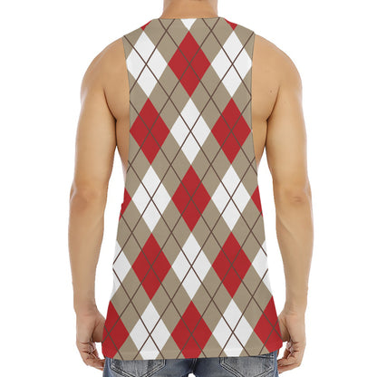 Red White And Beige Argyle Pattern Print Men's Muscle Tank Top