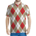 Red White And Beige Argyle Pattern Print Men's Polo Shirt