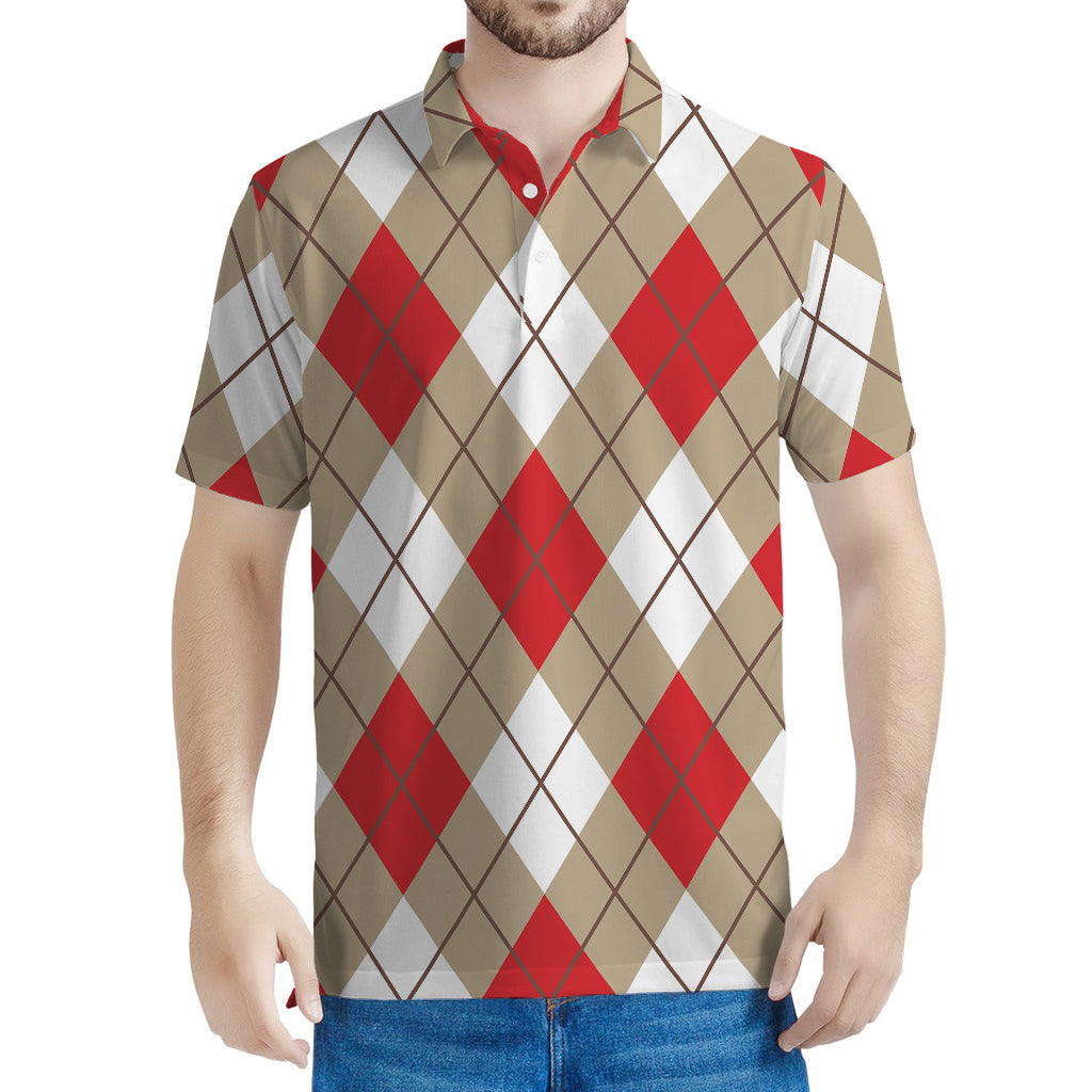 Red White And Beige Argyle Pattern Print Men's Polo Shirt