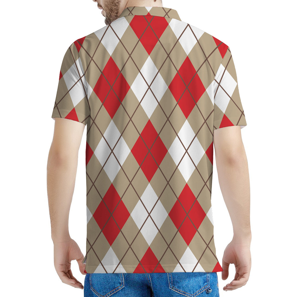 Red White And Beige Argyle Pattern Print Men's Polo Shirt