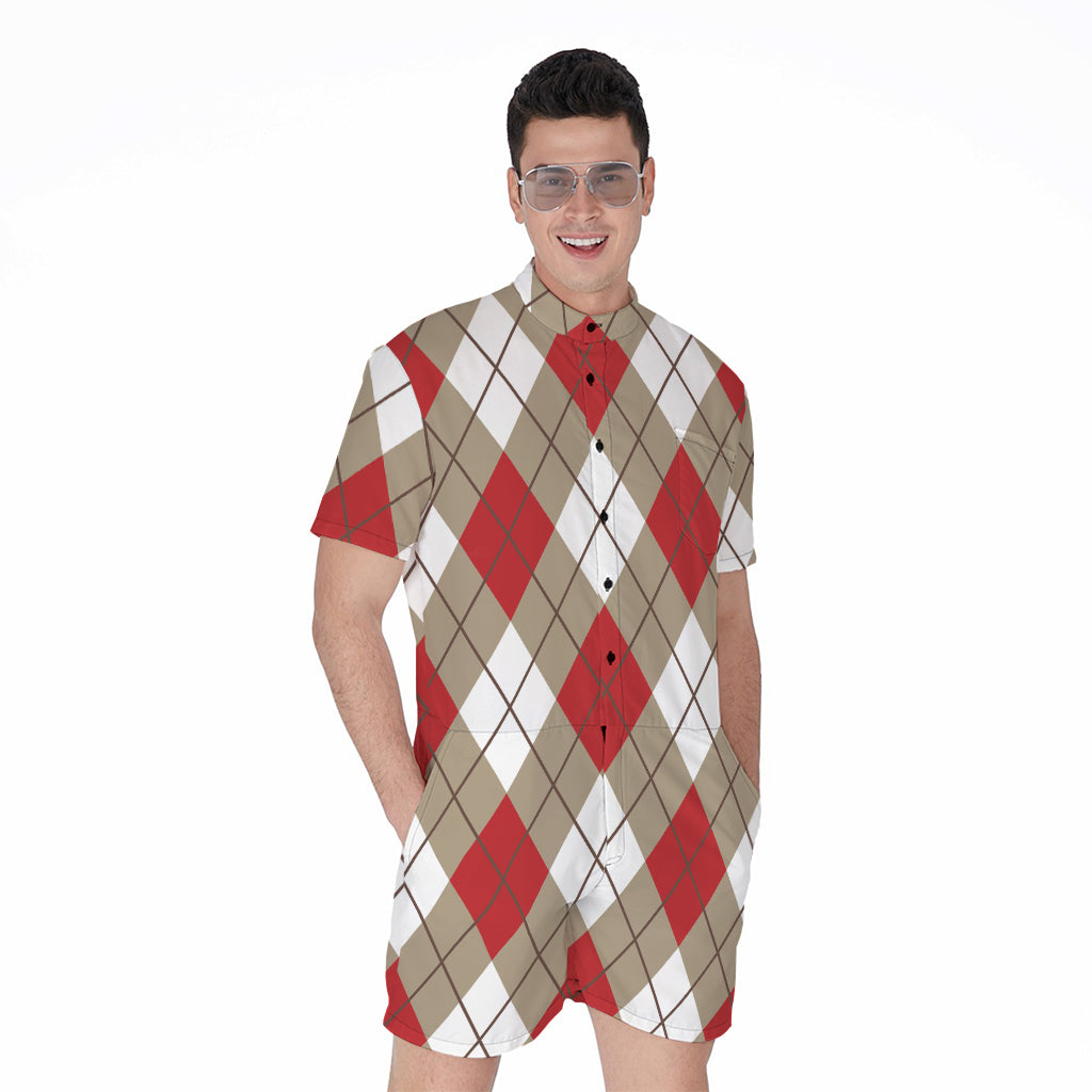 Red White And Beige Argyle Pattern Print Men's Rompers