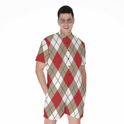 Red White And Beige Argyle Pattern Print Men's Rompers