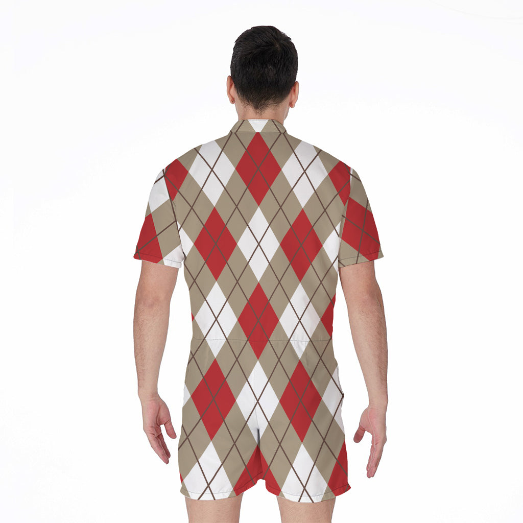 Red White And Beige Argyle Pattern Print Men's Rompers