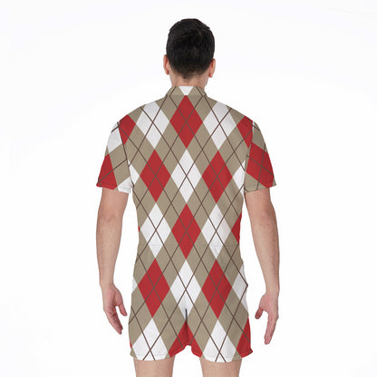 Red White And Beige Argyle Pattern Print Men's Rompers