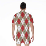 Red White And Beige Argyle Pattern Print Men's Rompers