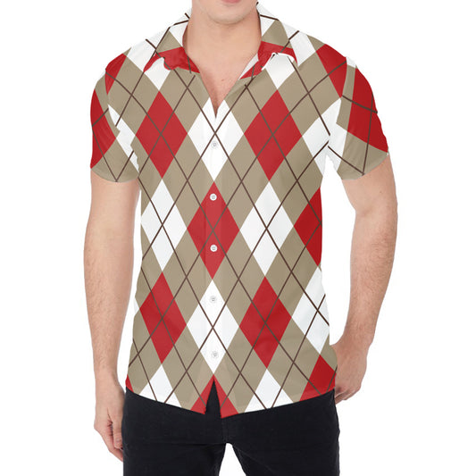 Red White And Beige Argyle Pattern Print Men's Shirt
