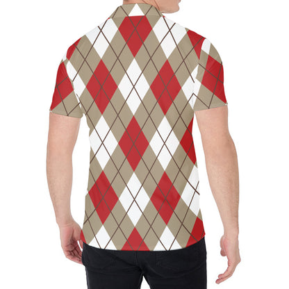 Red White And Beige Argyle Pattern Print Men's Shirt