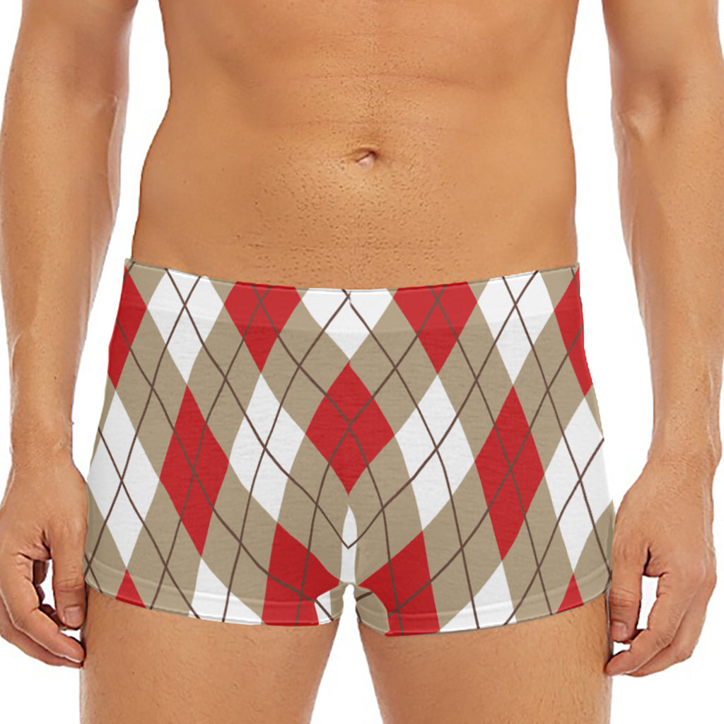 Red White And Beige Argyle Pattern Print Men's Short Boxer Briefs
