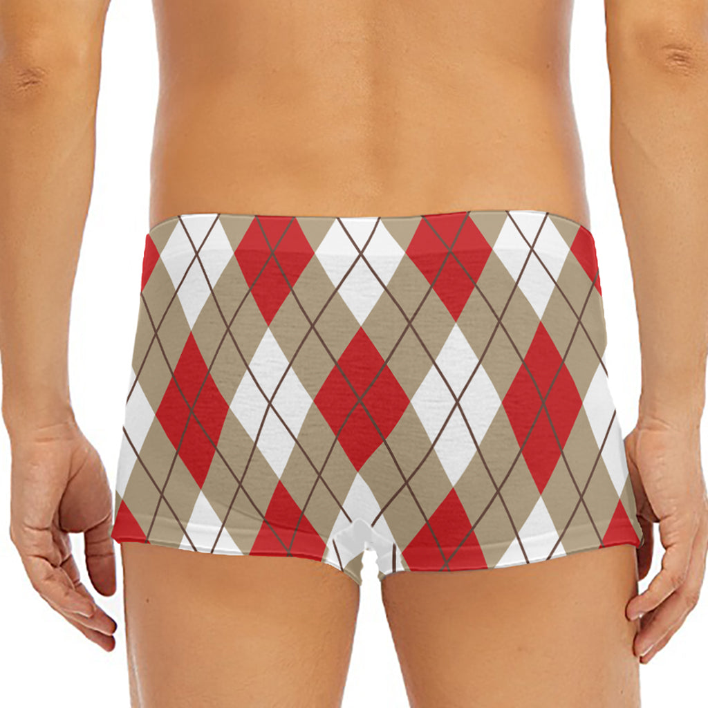 Red White And Beige Argyle Pattern Print Men's Short Boxer Briefs