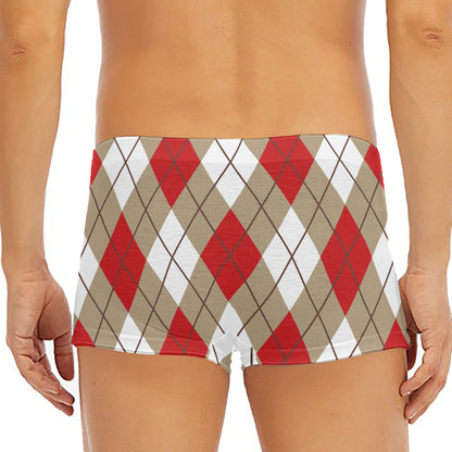 Red White And Beige Argyle Pattern Print Men's Short Boxer Briefs