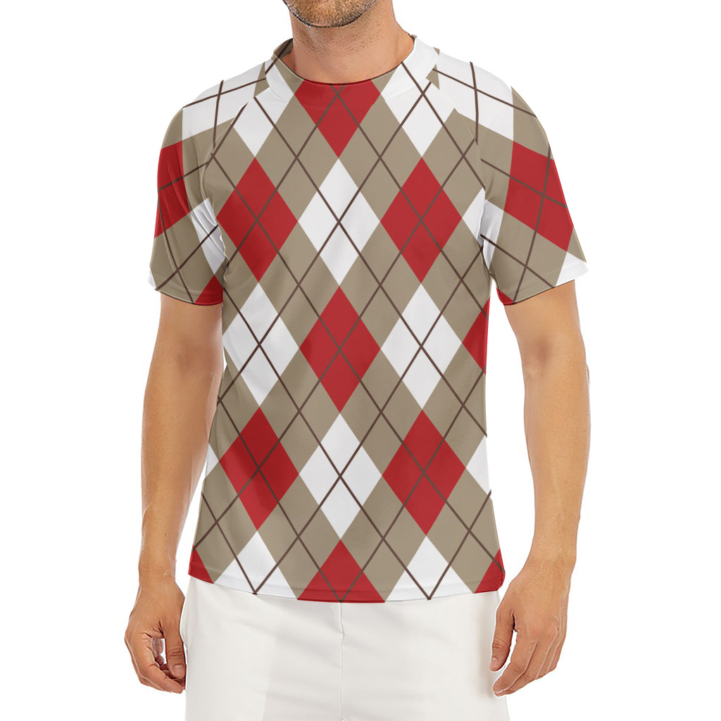 Red White And Beige Argyle Pattern Print Men's Short Sleeve Rash Guard
