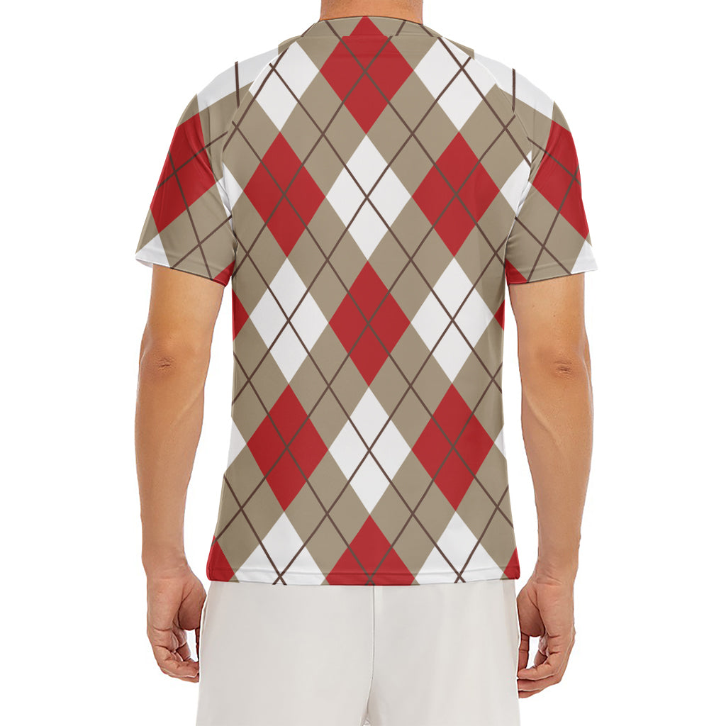 Red White And Beige Argyle Pattern Print Men's Short Sleeve Rash Guard