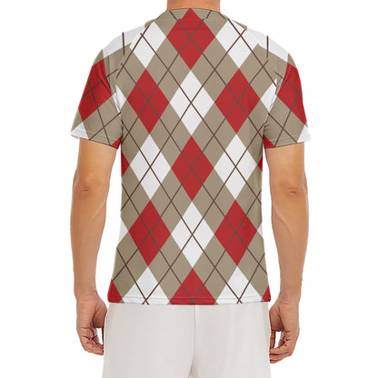 Red White And Beige Argyle Pattern Print Men's Short Sleeve Rash Guard
