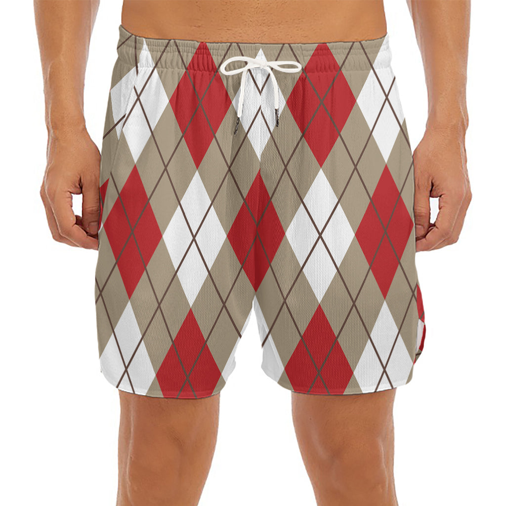 Red White And Beige Argyle Pattern Print Men's Split Running Shorts