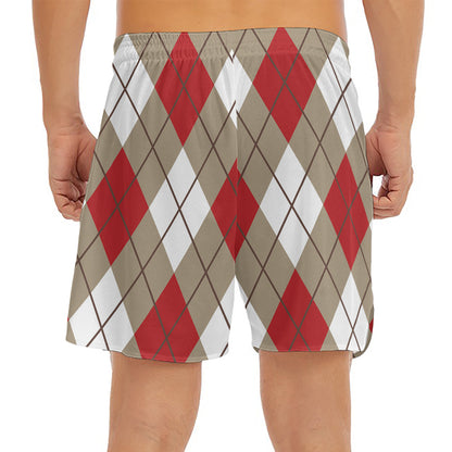 Red White And Beige Argyle Pattern Print Men's Split Running Shorts