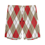 Red White And Beige Argyle Pattern Print Men's Sports Shorts