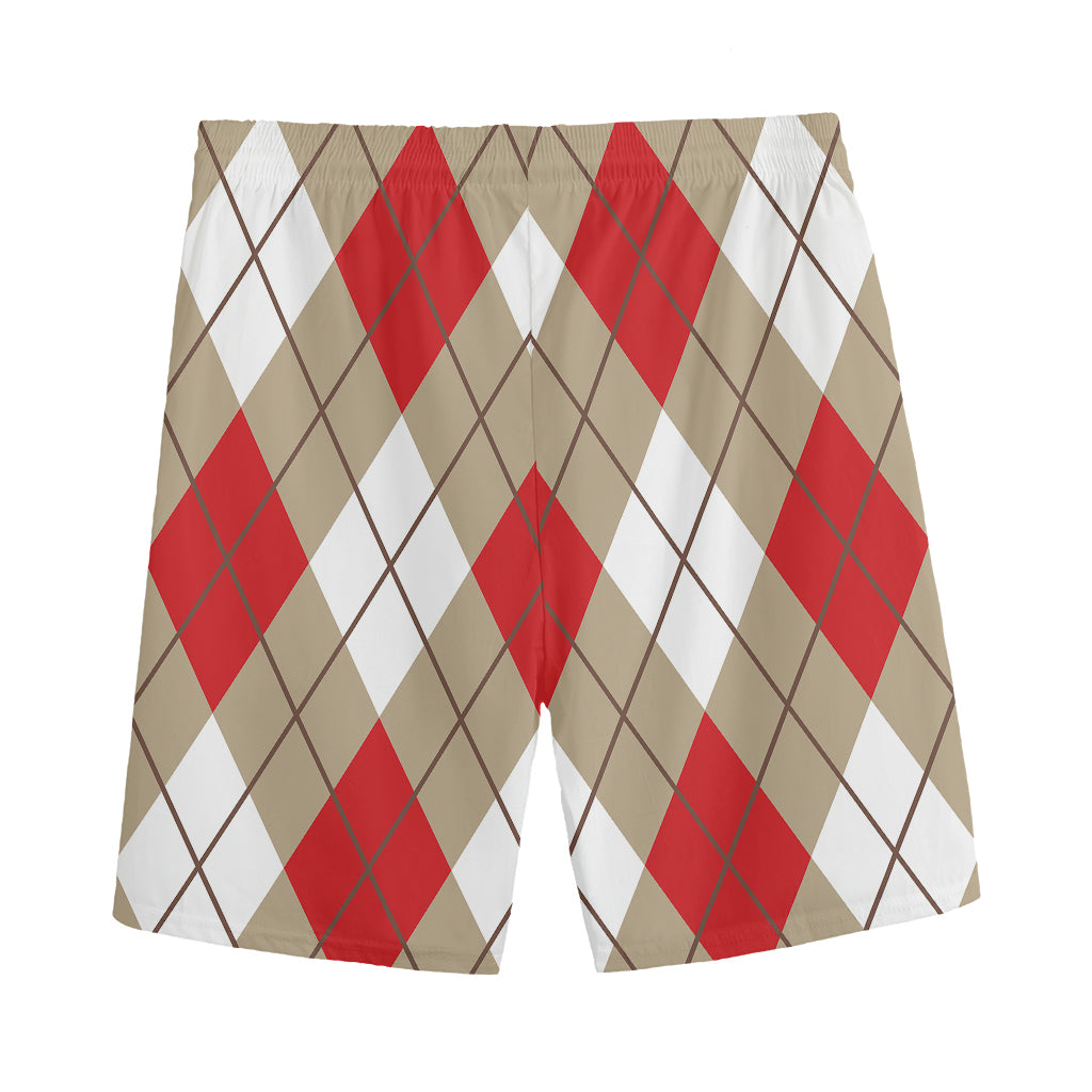 Red White And Beige Argyle Pattern Print Men's Sports Shorts