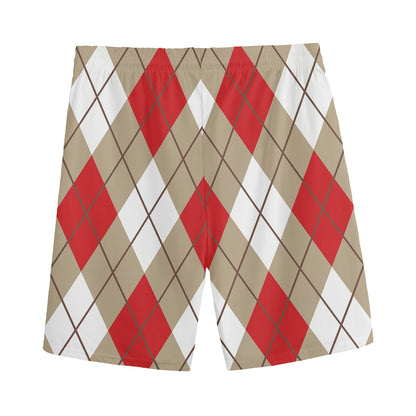 Red White And Beige Argyle Pattern Print Men's Sports Shorts
