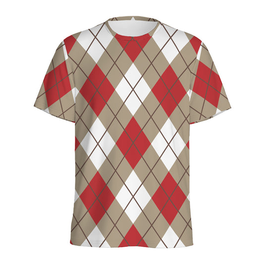 Red White And Beige Argyle Pattern Print Men's Sports T-Shirt