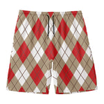 Red White And Beige Argyle Pattern Print Men's Swim Trunks