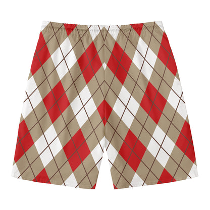 Red White And Beige Argyle Pattern Print Men's Swim Trunks