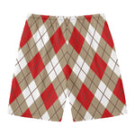 Red White And Beige Argyle Pattern Print Men's Swim Trunks