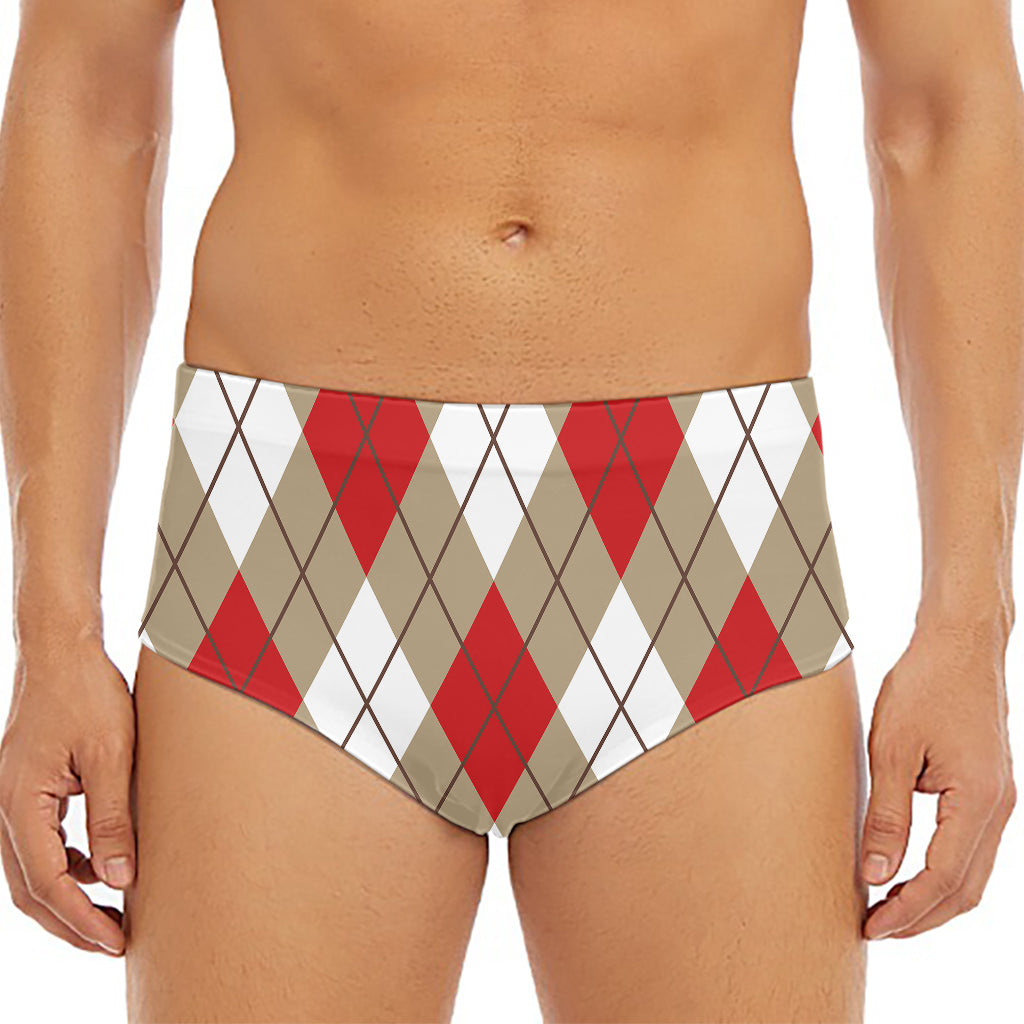 Red White And Beige Argyle Pattern Print Men's Triangle Swim Briefs