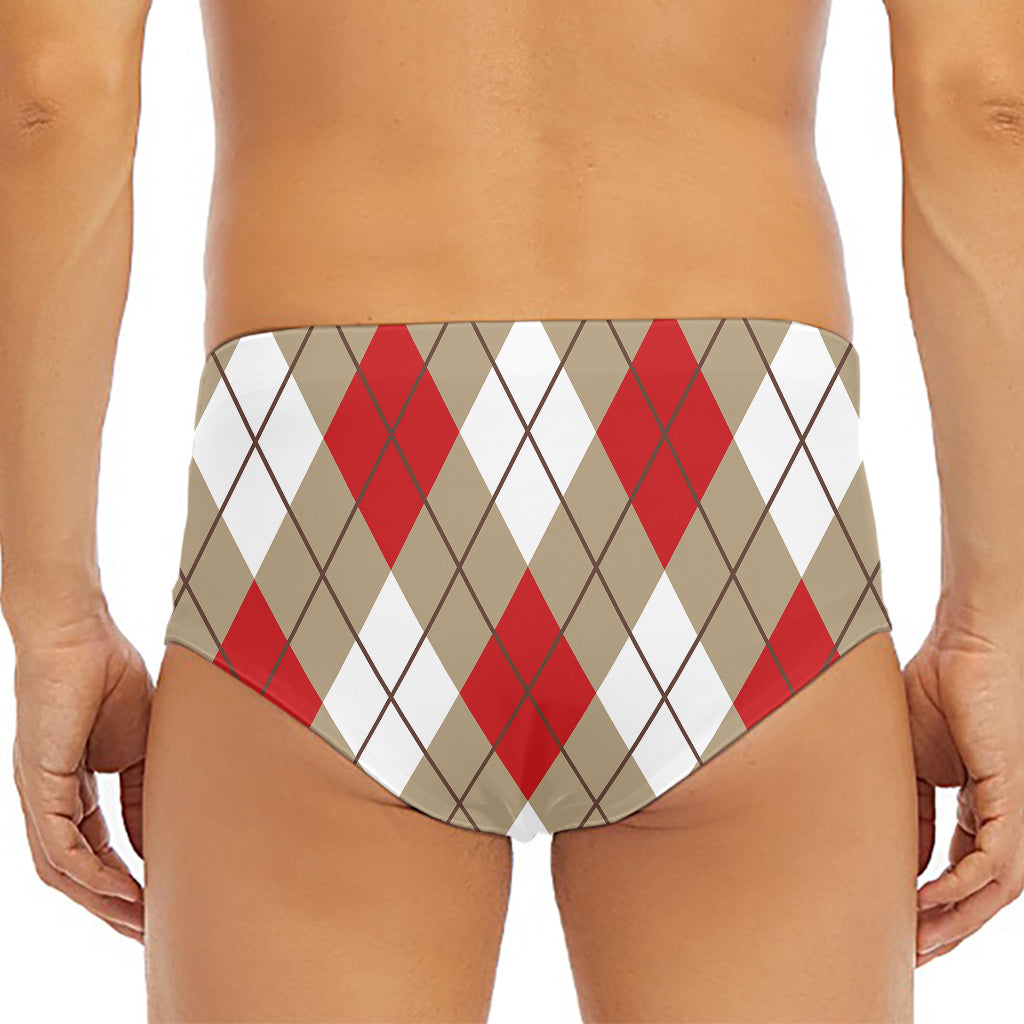 Red White And Beige Argyle Pattern Print Men's Triangle Swim Briefs