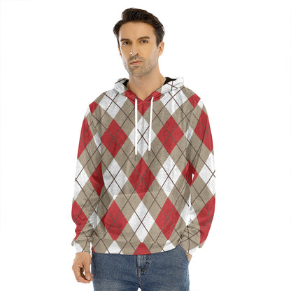 Red White And Beige Argyle Pattern Print Men's Velvet Pullover Hoodie