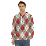 Red White And Beige Argyle Pattern Print Men's Velvet Pullover Hoodie