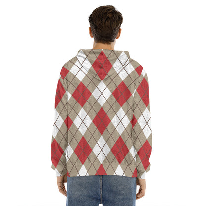 Red White And Beige Argyle Pattern Print Men's Velvet Pullover Hoodie