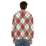 Red White And Beige Argyle Pattern Print Men's Velvet Pullover Hoodie