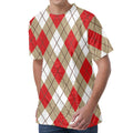 Red White And Beige Argyle Pattern Print Men's Velvet T-Shirt