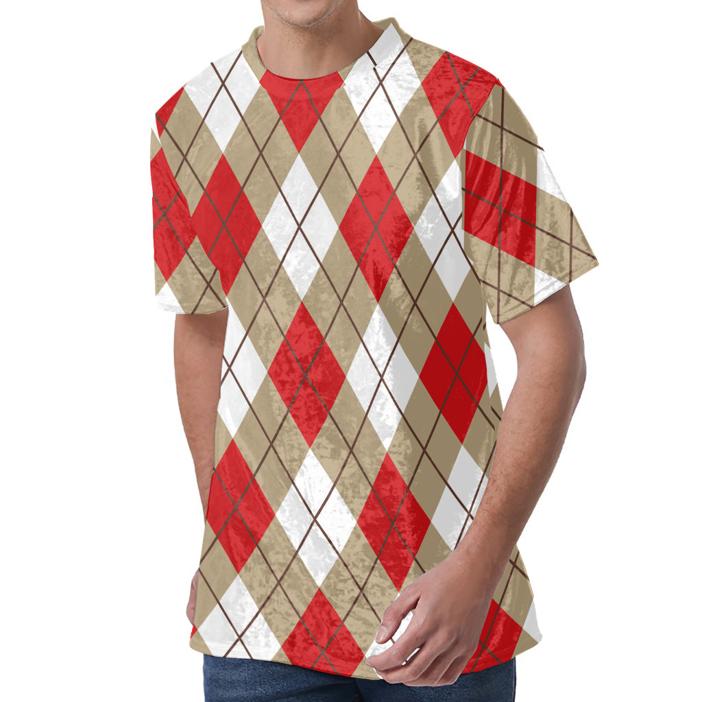 Red White And Beige Argyle Pattern Print Men's Velvet T-Shirt