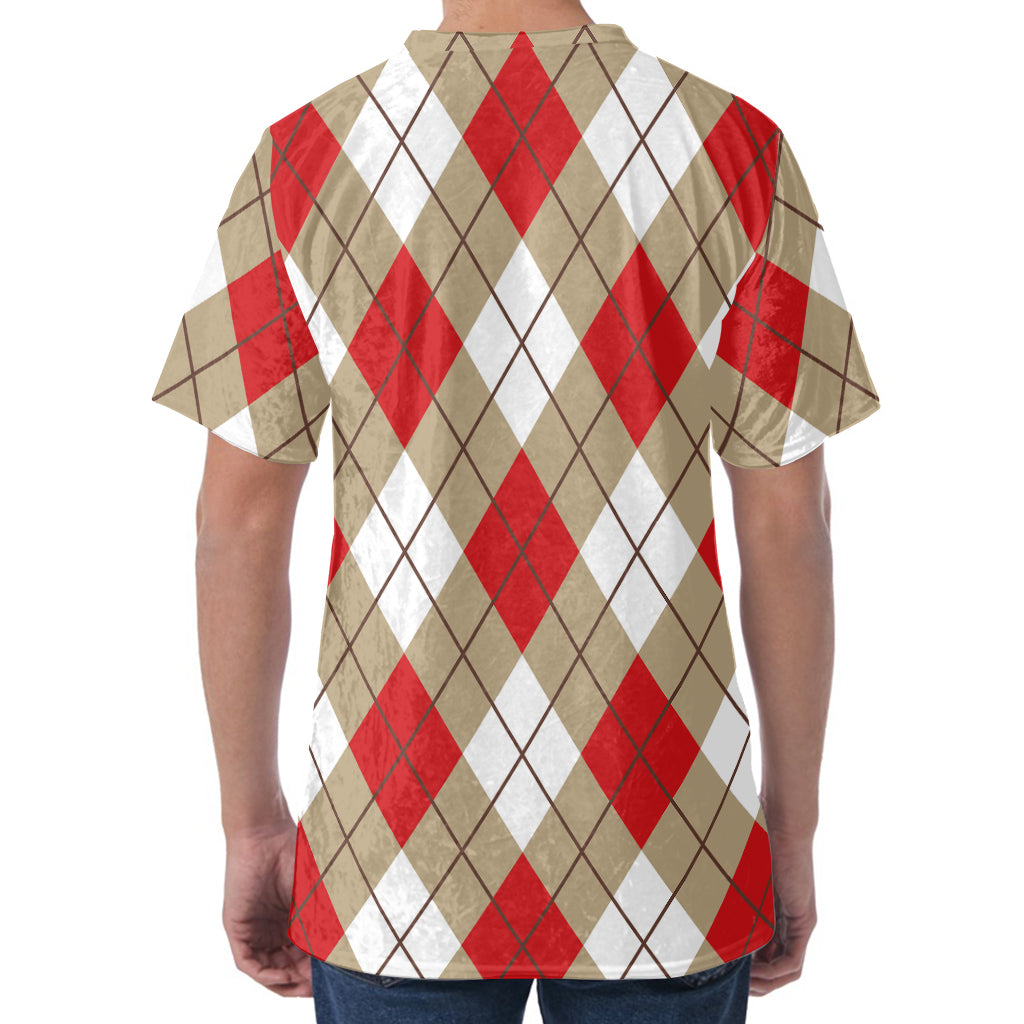 Red White And Beige Argyle Pattern Print Men's Velvet T-Shirt