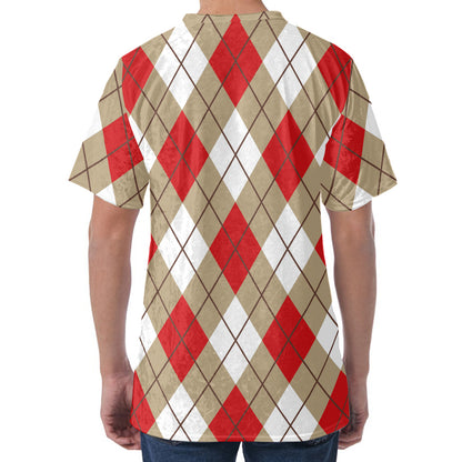 Red White And Beige Argyle Pattern Print Men's Velvet T-Shirt