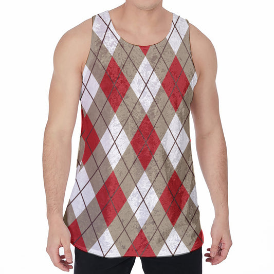 Red White And Beige Argyle Pattern Print Men's Velvet Tank Top