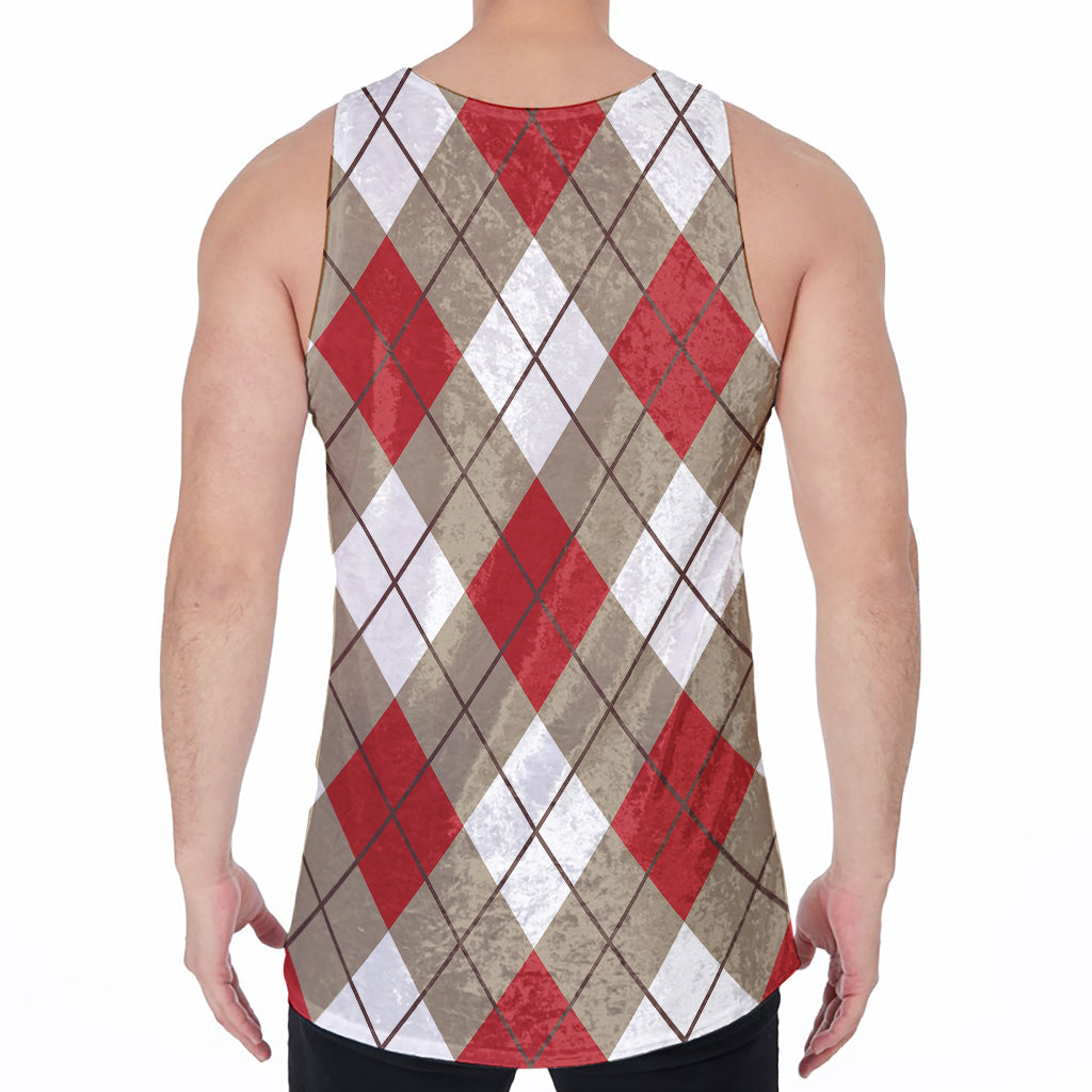 Red White And Beige Argyle Pattern Print Men's Velvet Tank Top